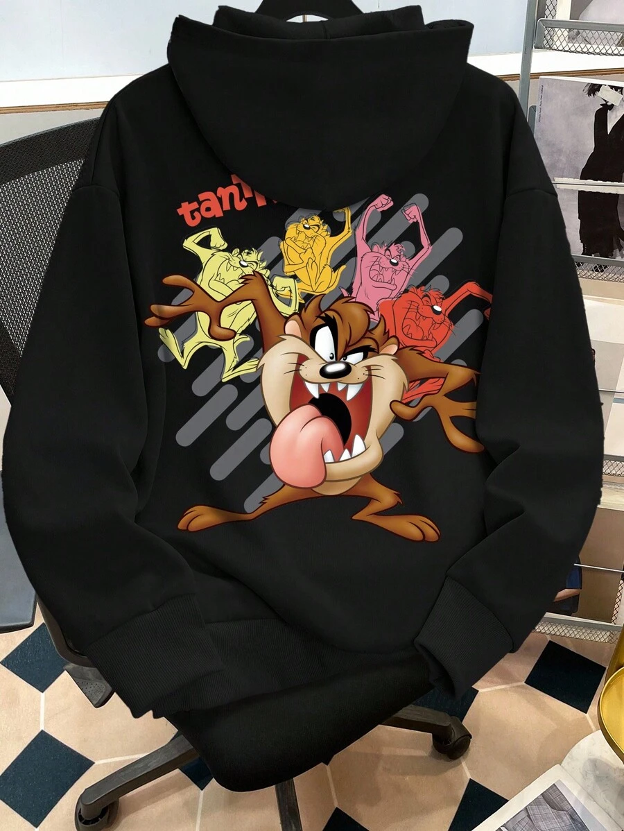 Looney Tunes X Manfinity Manfinity Joysei 男士休闲日常卡通图案连帽保暖卫衣，秋冬款，长袖上衣 - 黑色 - 查看 1