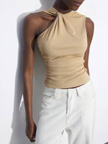 Maija Modern Urban Asymmetric Collar Twisted Knot Textured Striped Sleeveless Cropped Tank Top, Suitable For Music Festivals, Easter Parties,Vacation Outfits - Khaki - View 6