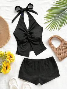 Soleia 2pcs Women Solid Color Twist Knot Hem Halter Top And Shorts Set Women's Summer Set Women Costume  Beach Outfit For Women Vacation Outfits For Women Casual - Black - View 1