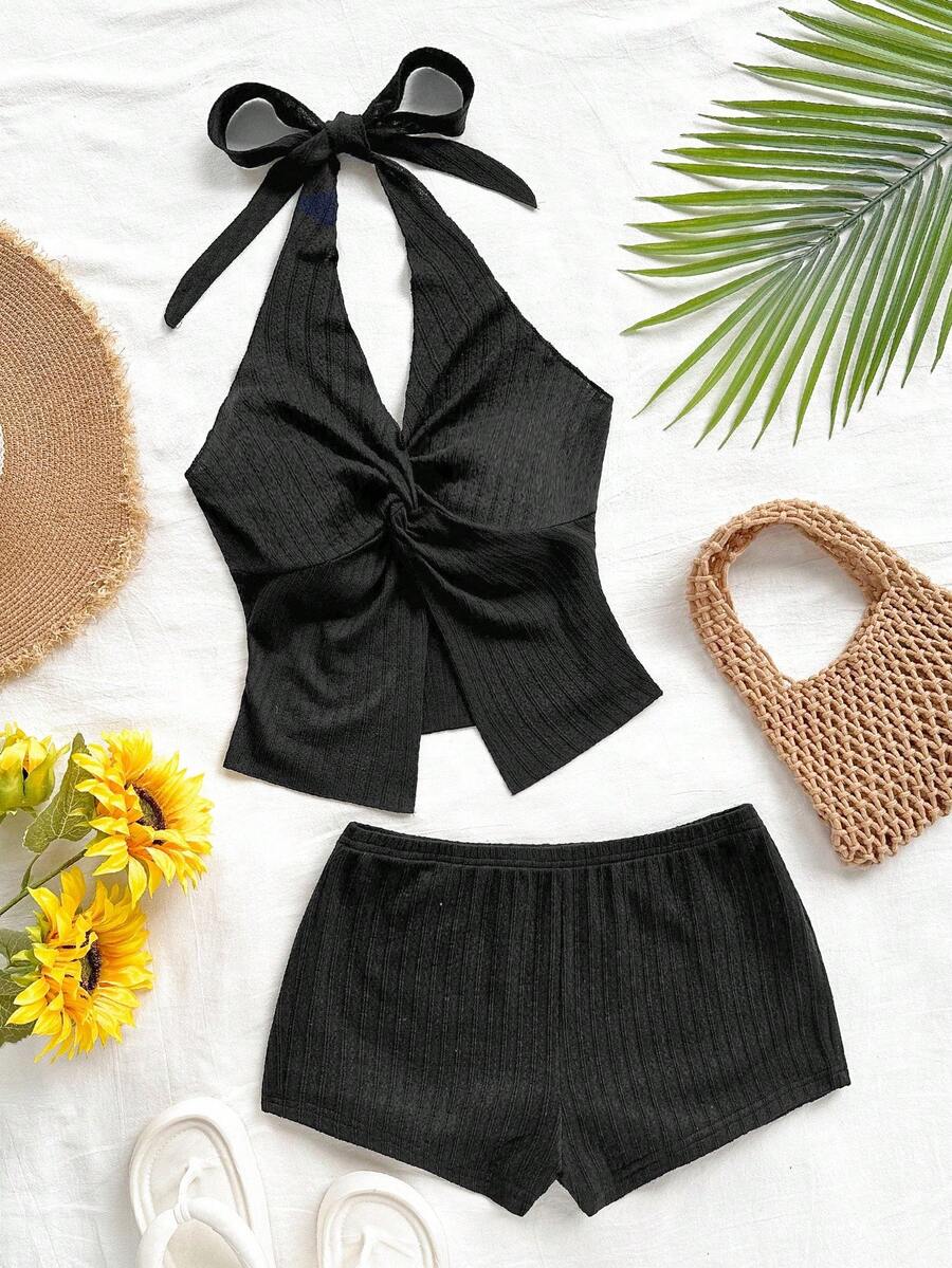 Soleia 2pcs Women Solid Color Twist Knot Hem Halter Top And Shorts Set Women's Summer Set Women Costume Beach Outfit For Women Vacation Outfits For Women Casual - Black - View 1