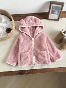 SHEIN Baby Girl Hooded Plush Jacket With 3D Ear Design, Long Sleeve Fall Winter - Purple - View 1