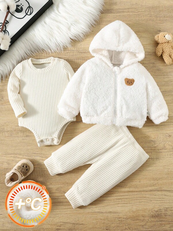 Conjunto de 3 piezas para bebé recién nacido niño/niña: chaqueta con capucha de peluche gruesa y linda de oso beige de dibujos animados, mono gris y pantalones, adecuado para uso en exteriores e interiores