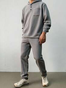 SHEIN 2件套青少年男童休闲舒适百搭连帽半拉链长袖上衣和裤子套装