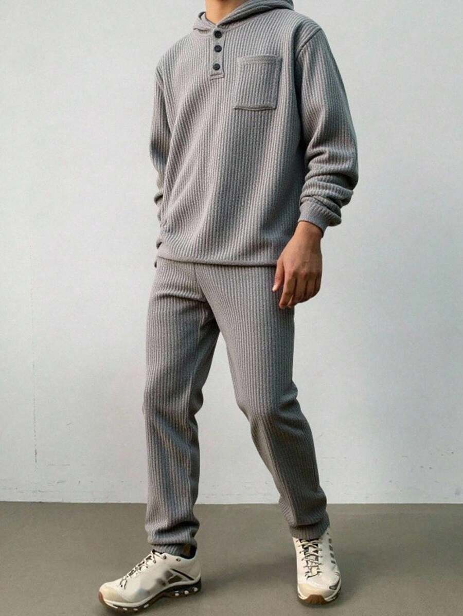 SHEIN 2件套青少年男童休闲舒适百搭连帽半拉链长袖上衣和裤子套装