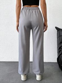 EURMUSE Women's Solid Black Stripe Detailed Drawstring Sweatpants - Grey - View 2