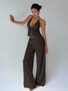 FavEase Women's Sexy Textured Pleated Halter Camisole And Wide Leg Loose Pants Set, Summer - Brown - View 4