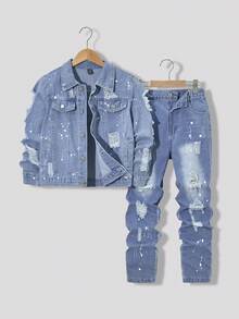 Bộ áo khoác denim và quần jeans cho bé trai TWEEN, Áo khoác denim giặt cũ phong cách đường phố kết hợp với quần jeans denim giặt cũ ống đứng, Trang phục denim thời trang cho bé trai, Hàng mới về - Rửa trung bình - Xem 8