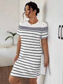 SHEIN Frenchy 大码夏季休闲拼色条纹连衣裙 - 深灰色 - 查看 6