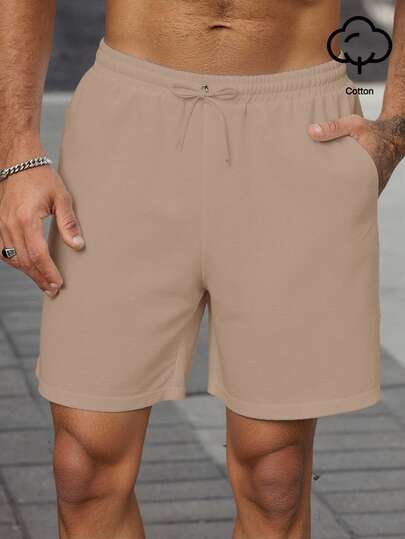 Manfinity RelaxMax Men's Casual Everyday Commute Solid Color Drawstring Waist Slant Pocket Cotton Shorts, Summer