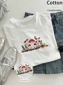 TaskSense Embroidered Mushroom T-Shirt, Pastoral Style Sweatshirt, Botanical Nature Print Blouse, Granola Girl Graphic T-Shirt, Wildlife Embroidery Gift, Ladies Fairy Core Embroidered Crew Neck T-Shirt