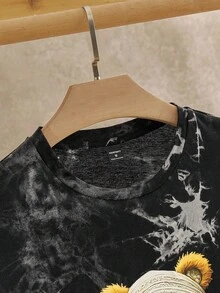 Manfinity NXTstreet 男士休闲针织 T 恤，扎染小熊图案印花，修身圆领短袖 T 恤万圣节泰迪熊衬衫万圣节图案 T 恤男士万圣节 T 恤泰迪熊图案 T 恤扎染万圣节衬衫 - 黑色 - 查看 4