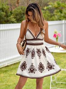 KARISMINA 女式复古印花无袖连衣裙，春夏 - 棕色 - 查看 5