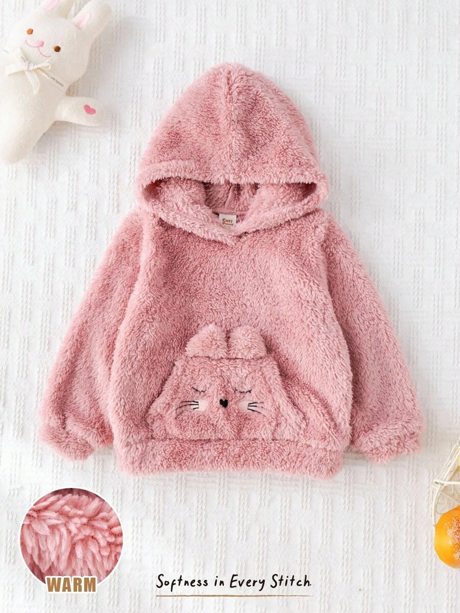 Cozy Pixies Sudadera con capucha de manga larga con forro térmico y estampado de gato para bebé niña - Rosa - Ver 1