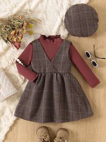 SHEIN 3 件套女婴荷叶边领长袖 T 恤连衣裙 + 配套帽子套装，简约格子设计服装，春秋 - 彩色 - 查看 3