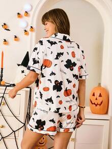 Chillnights Women's Halloween Bat & Pumpkin Print Lapel Pajama Set Cute Pajama Set For Women - White - View 2
