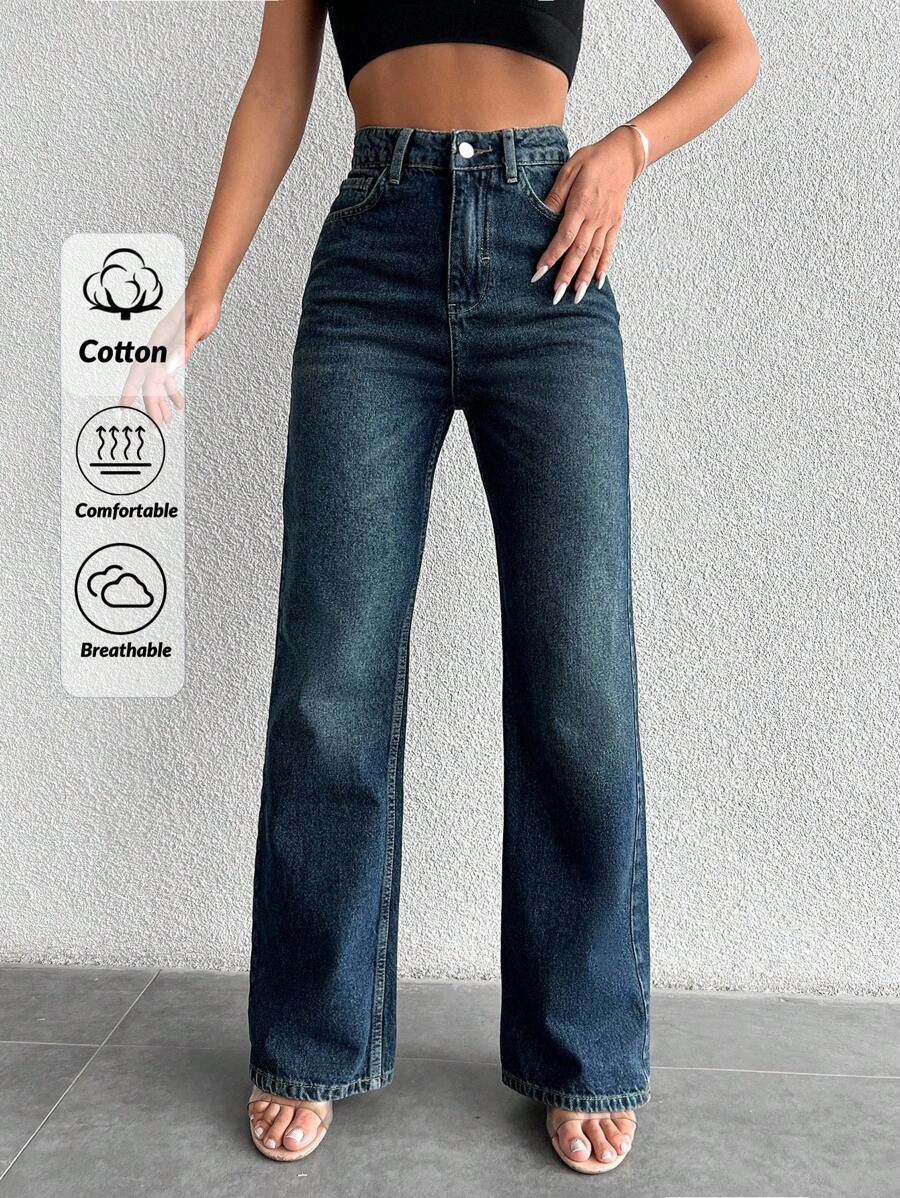 EURMUSE 99%Cotton Zipper Fly Straight Leg Jeans - Dark Wash - View 1