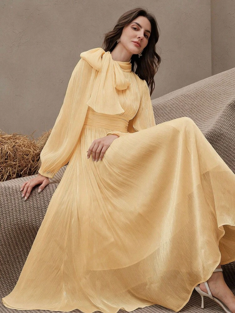 Anewsta Essential Women's Long Pleated Waist Shiny Elegant Versatile Dress For Spring/Autumn