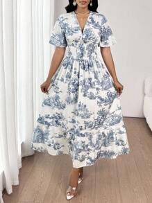 SHEIN Lady 女士优雅休闲度假通勤蓝白碎花撞色印花修腰V领短袖中长连衣裙春夏秋季装 - 藍白色 - 查看 6