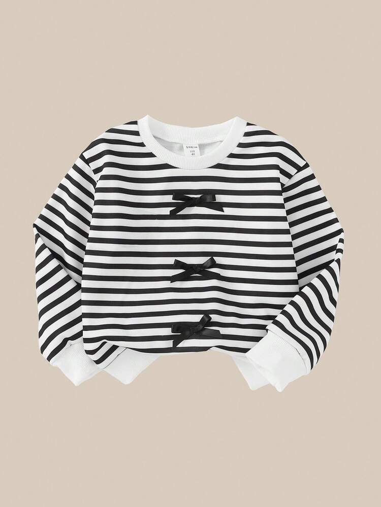 SHEIN Explorewe Conjunto de sudadera a rayas con decoración de lazo y pantalones acampanados para niña, con bolsillos decorativos - Adecuado para deportes, escuela, actividades al aire libre, estilo de otoño e invierno. Conjunto de ropa universitaria y ropa deportiva para la temporada de regreso a clases 2025 - Rosa - Añade 4