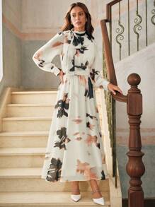 Anewsta 女式优雅系带领印花长袖收腰喇叭下摆雪纺连衣裙，秋季 - 杏色 - 查看 3