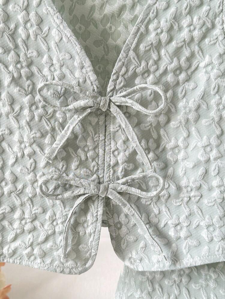 Tween Girl Casual Jacquard Bowknot Strap Tank Top And Shorts 2 Pieces Set - Mint Green - View 7