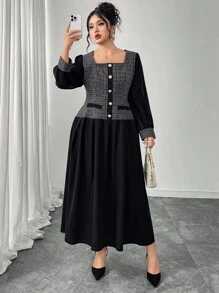 Modelyn Vestido Romântico Elegante de Xadrez Retalhos em Plus Size - Preto - Visão 1