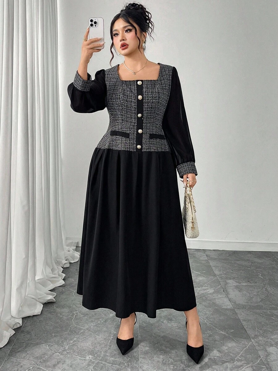 Modelyn Vestido Romântico Elegante de Xadrez Retalhos em Plus Size - Preto - Visão 1