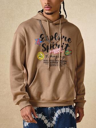 Street Life Sudadera con capucha casual y versátil de manga larga con parches en estilo vintage americano para hombres