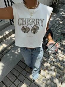 Siren Gaze Top court sans manches à imprimé léopard rétro avec motif cerise, débardeur décontracté à col rond convenant pour l'été