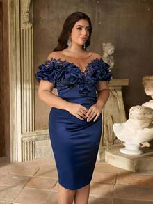 Aureia Đầm cỡ lớn mùa thu đông thanh lịch, lãng mạn, lộng lẫy với cổ áo cách điệu, tay áo bồng bềnh, thiết kế đính sequin, xếp ly ôm sát hông, thích hợp cho tiệc sinh nhật, tiệc tối, khiêu vũ, kỳ nghỉ, lễ tốt nghiệp, lễ hội, đám cưới, tiệc cocktail, ngày Valentine. - Màu xanh hải quân - Xem 8