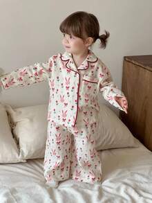 Hapijoa 2 件套女婴卡通印花可爱睡衣，春秋季，幼儿秋季服装 - 淺粉色 - 查看 5