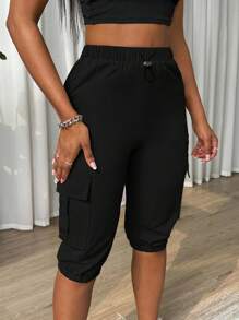 SHEIN Tall Women's Casual Elastic Waist Pockets Practical Slim Fit Cargo Pants, Medium Length Ankle Banded Pants, Spring/Summer - Black - View 3