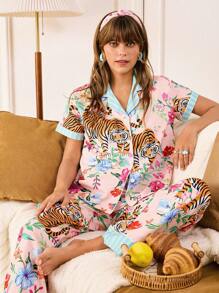 Chillnights Bộ đồ ngủ nữ in họa tiết hổ và hoa nhí nhún bèo mùa hè Bộ đồ ngủ nữ Bộ đồ ngủ mùa hè dành cho nữ Bộ đồ ngủ in họa tiết hổ - Nhiều màu - Xem 3