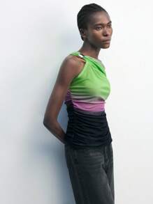 Maija Romantisches, modisches Damen-Farbverlauf-Muster-Mesh-Asymmetrisches-Ärmelloses-Top, Sommer-Romantik, Mode, vielseitig; geeignet für Sommerurlaub, bequem