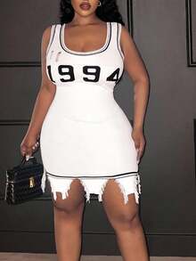 Slaydiva Novo Lançamento 2025 Vestido de Tricô Corpete Preto e Branco Minimalista Sexy/Streetwear/Casual, Elástico, Desgastado, Franzido na Cintura, Sem Mangas, Plus Size para Mulheres