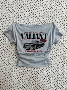 Attitoon 女士休闲腰部褶皱露肩修身短袖 T 恤，适合夏季，34% 棉，复古，复古汽车印花 - 淺灰色 - 查看 4