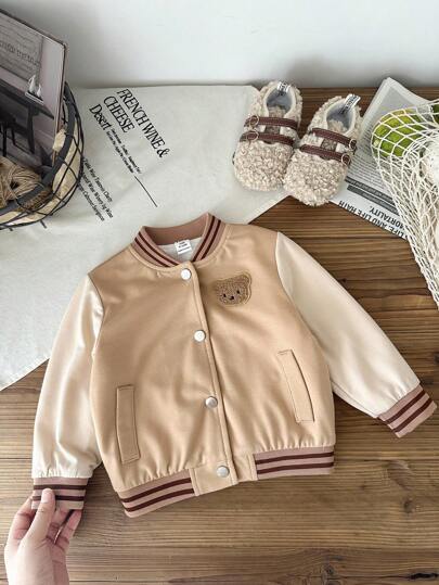 SHEIN 男婴撞色拼布单排扣可爱熊贴花夹克