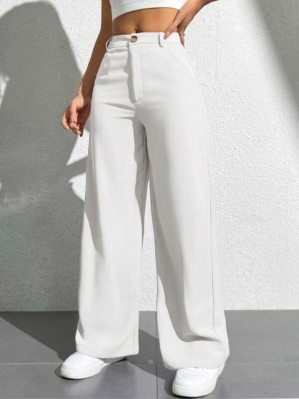 SHEIN PETITE Pantalón ancho y suelto de unicolor con bolsillos para mujer