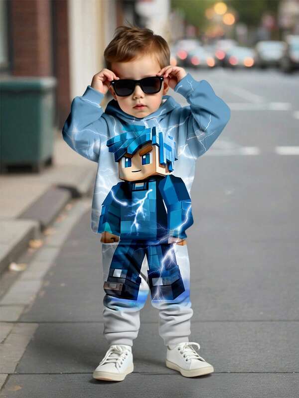 SHEIN Leap Crew Boys' Hooded Streetwear Co-Ords With Graphic Design And Comfortable Pocket Detail Boy Blue Outfit Blue Hoodie Design Kid Boys Kids Street Wear Cool Boy Clothes 4 Pcs Tween Boy Casual Car Graphic Print Sweatshirt And Tight Pants Fall Winter