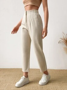 EURMUSE 90% Cotton Women Linen Pleated Pants - Beige - View 5