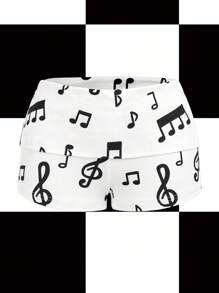 Shutterstock Y2Kool White Musical Note Y2K Style Casual Shorts For Women, Suitable For Summer, Vacation, Party, Daily Wear Concert Shorts White Shorts White Graphic Shorts Music Note Shorts Black And White Shorts Sexy Short Stylish Clothing Collection New Year Outfits