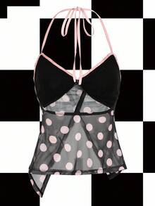 Y2Kool Annarte 黑色、粉色、撞色、网纱、薄纱、蝴蝶结、Y2K风格、少女风、休闲风、女士吊带上衣，适合夏季、度假、聚会、派对、日常穿着，性感上衣搭配灵感，时尚新年春季女士海滩嘉年华。 - 黑色 - 查看 2