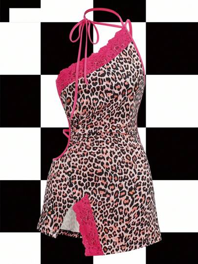 Y2Kool Maria Clara Maia Multi-Color, Pink Leopard Print, Animal Print, Color Block, Lace Patchwork, Sexy, Y2K Style Women's Halter Mini Dress, Suitable For Summer, Vacation, Gathering, Party, Daily Wear Casual