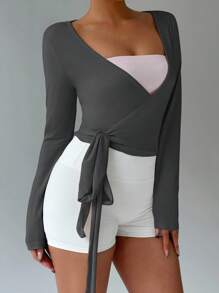 FavEase 粉色瑜伽健身运动高弹柔软裹身 V 领系腰长袖短款紧身 T 恤，时尚简约休闲优雅百搭女士春秋季必备衣橱 - 深灰色 - 查看 6