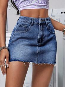 SHEIN PETITE 女式休闲牛仔迷你裙，带口袋和磨损下摆 - 藍色 - 查看 4