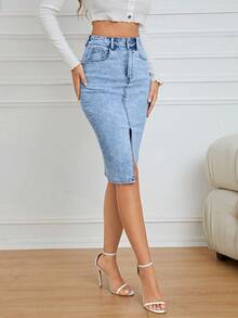 SHEIN Privé 夏季休闲水洗开衩修身牛仔迷你裙 - 淺色水洗藍 - 查看 3