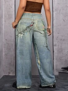 SHEIN ICON Jeans anchos casuales de talle alto con bolsillos y cadena estampada para mujer de talla grande - Azul lavado medio - Ver 2