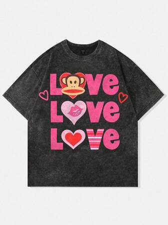 Paul Frank X ROMWE Men's Cartoon And Letter Heart Print Short Sleeve Washed Vintage Distressed T-Shirt, High Street Style