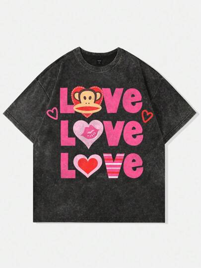 Paul Frank X ROMWE Men's Cartoon And Letter Heart Print Short Sleeve Washed Vintage Distressed T-Shirt, High Street Style