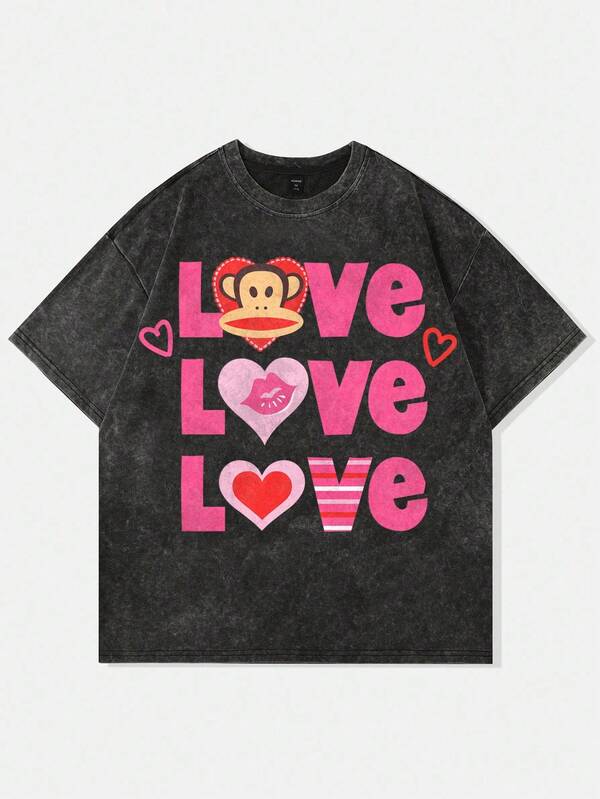 ROMWE MEN Paul Frank X ROMWE 男士卡通字母心形印花短袖水洗复古做旧 T 恤，高街风格